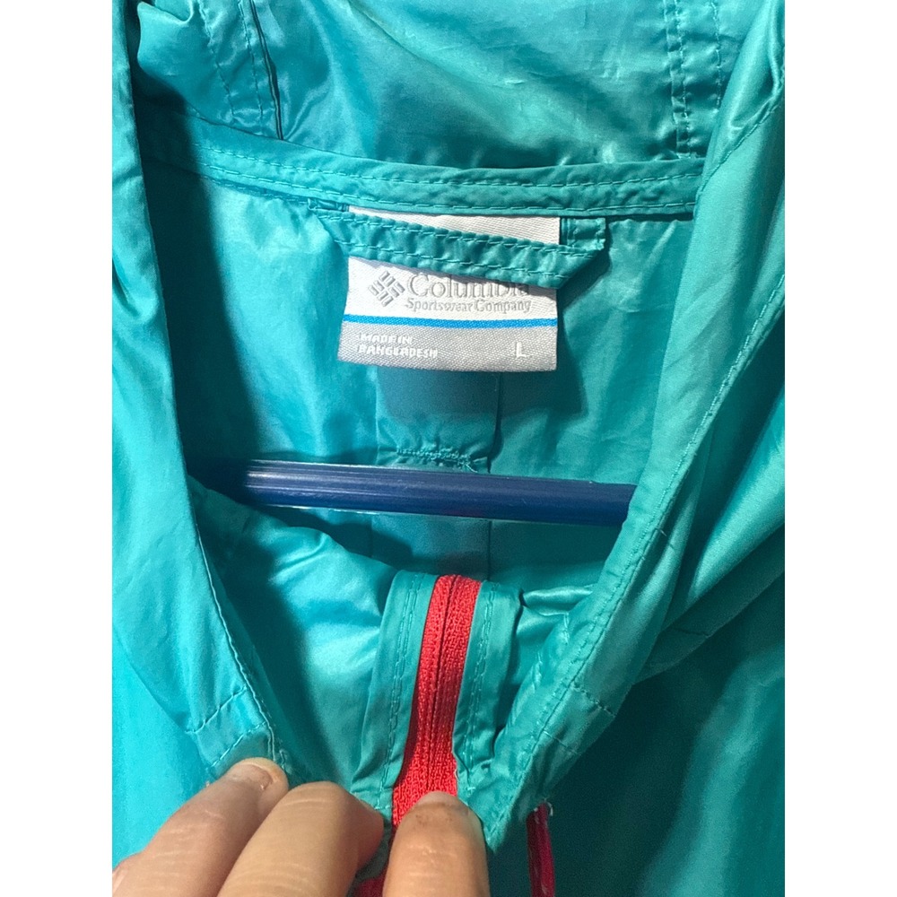 Columbia Teal/Turquoise Zip Up Windbreaker Jacket with Bright Zipper/String Ties - Picture 3 of 5